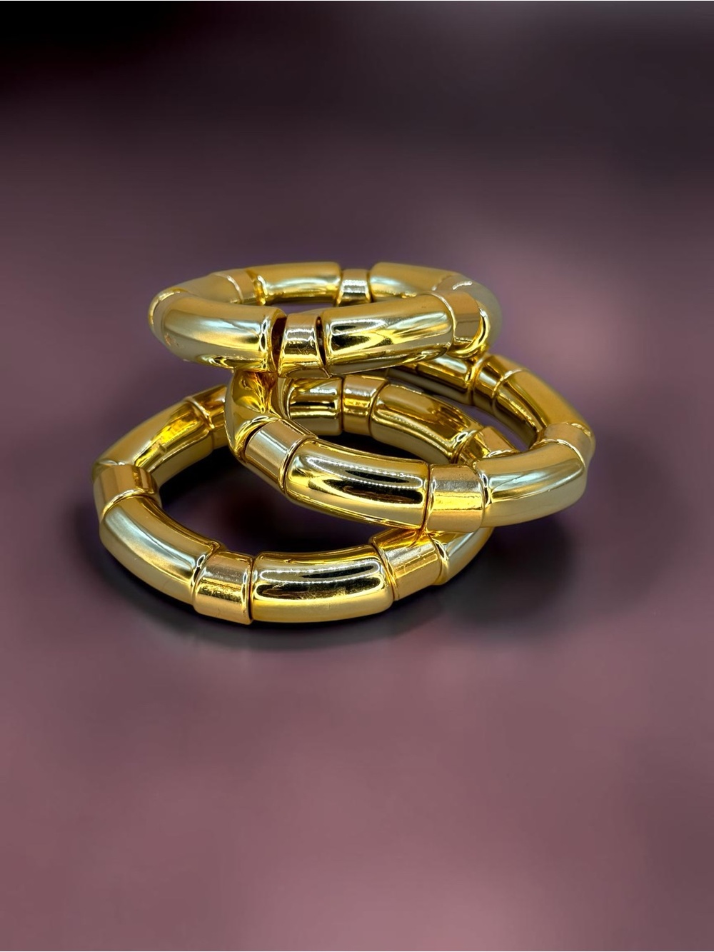 Set of 3 Gold Tone Bamboo Style Stretch Bangles Chunky Statement Bracelets